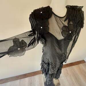 Vintage Niteline Black Silk & Chiffon Beaded and Foral Appliques Dress